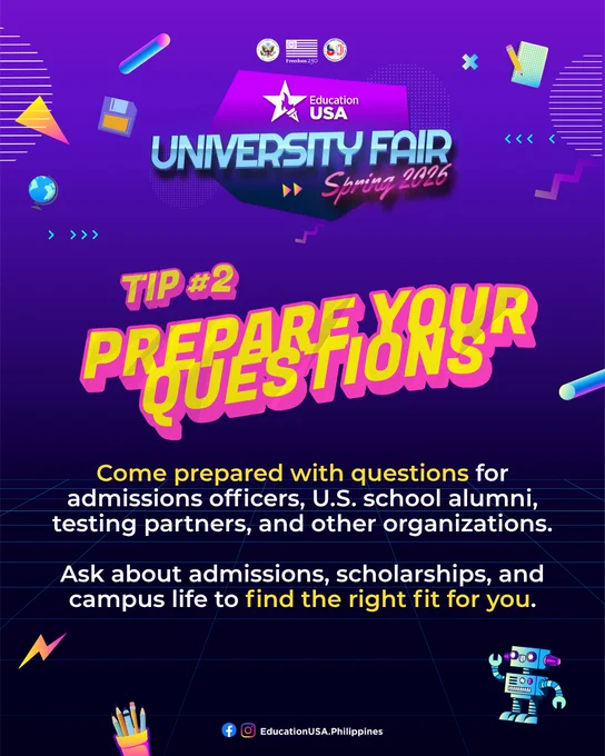 Graphic with the header EducationUSA University Fair Spring 2026, subheader Tip #1 Plan Ahead, and information.