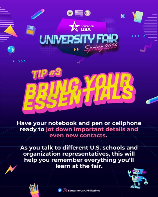 Graphic with the header EducationUSA University Fair Spring 2026, subheader Tip #2 Prepare Your Questions, and information.