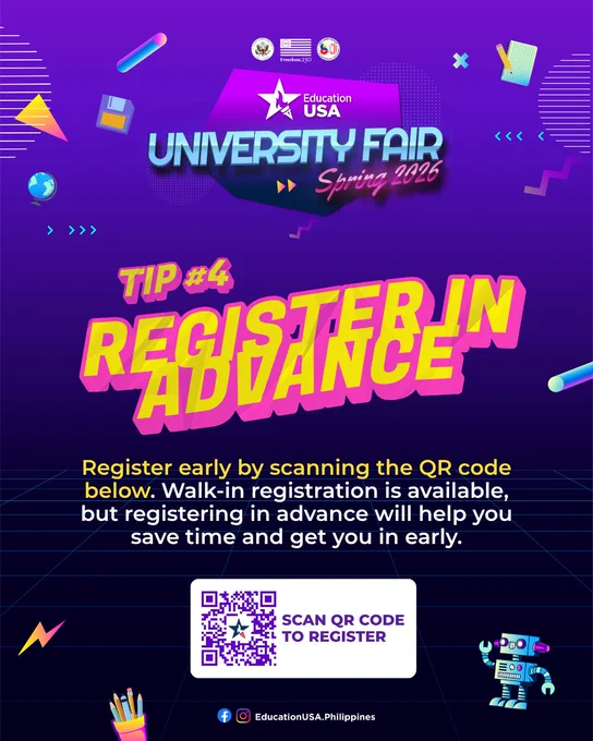 Graphic with the header EducationUSA University Fair Spring 2026, subheader Tip #3 Bring Your Essentials, and information.