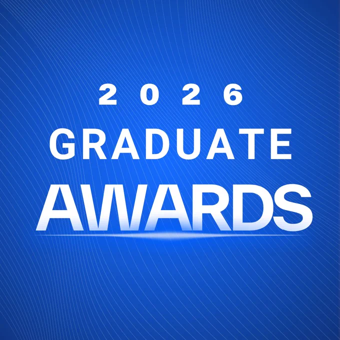 Blue graphic with subtle curved line patterns and large white text reading “2026 Graduate Awards.