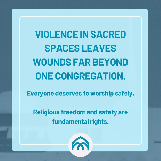 A blue-toned Instagram carousel by MuslimARC responding to the shooting at the Islamic Center of San Diego. The slides express grief for the victims and community, discuss the impact of Islamophobia and hate violence, call for safety in places of worship, explain the importance of anti-racism and community care, and encourage solidarity, healing, and collective action.