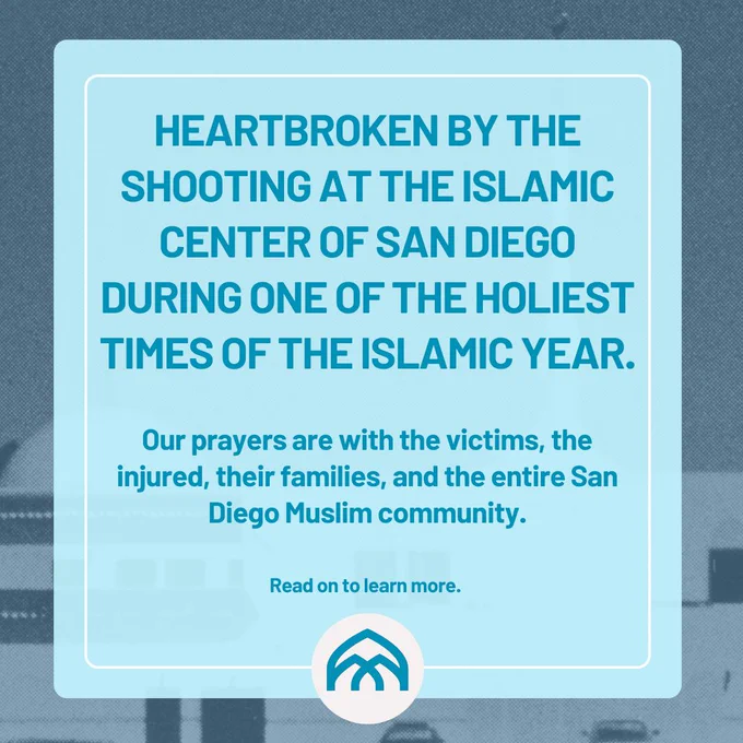A blue-toned Instagram carousel by MuslimARC responding to the shooting at the Islamic Center of San Diego. The slides express grief for the victims and community, discuss the impact of Islamophobia and hate violence, call for safety in places of worship, explain the importance of anti-racism and community care, and encourage solidarity, healing, and collective action.