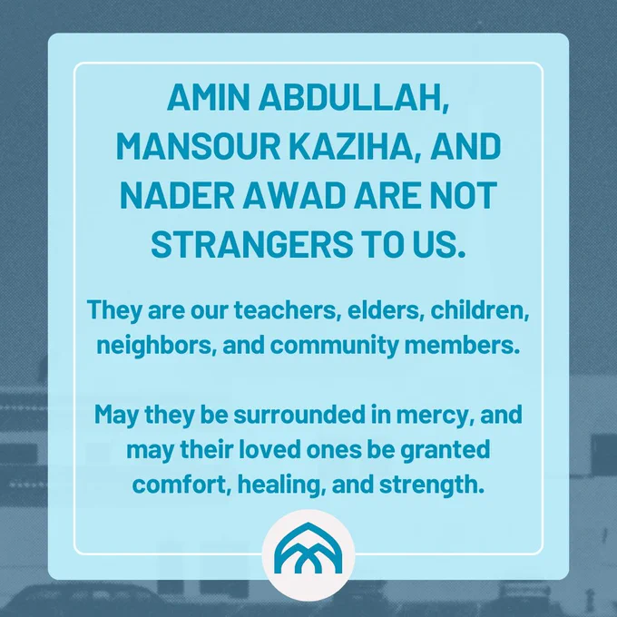 A blue-toned Instagram carousel by MuslimARC responding to the shooting at the Islamic Center of San Diego. The slides express grief for the victims and community, discuss the impact of Islamophobia and hate violence, call for safety in places of worship, explain the importance of anti-racism and community care, and encourage solidarity, healing, and collective action.