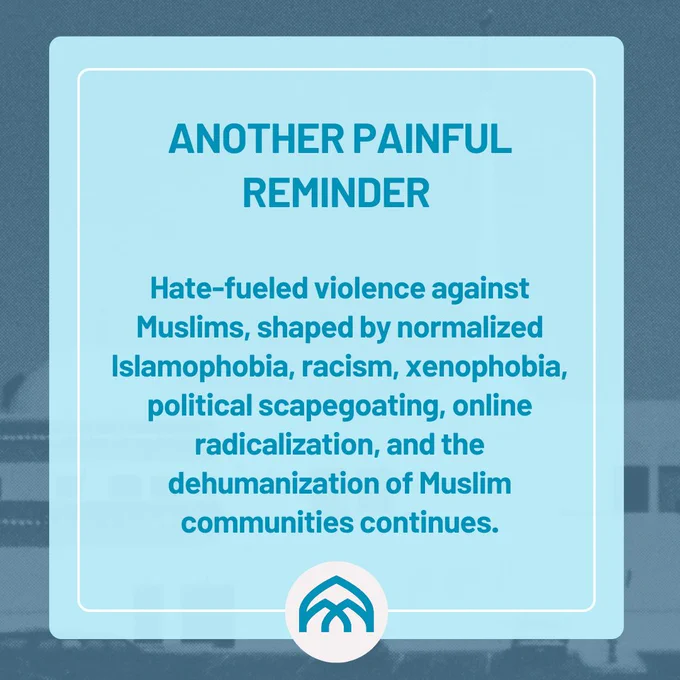 A blue-toned Instagram carousel by MuslimARC responding to the shooting at the Islamic Center of San Diego. The slides express grief for the victims and community, discuss the impact of Islamophobia and hate violence, call for safety in places of worship, explain the importance of anti-racism and community care, and encourage solidarity, healing, and collective action.