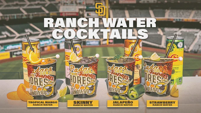 Ranch Water Cocktails graphic. The background is an overview of Petco Park. There is an SD logo at the top of the graphic. Beneath this logo, there is text that says, "Ranch Water Cocktails". Beneath this text, there are four Ranch Water cocktails: Tropical Mango Ranch Water, Skinny Ranch Water, Jalapeño Ranch Water, and Strawberry Ranch Water. There are Topo Chico cans behind the drinks.