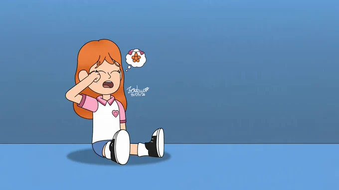 Amy Amber crying on the blue floor with blue and dark blue gradient background, imagining her lost necklace jewelry.