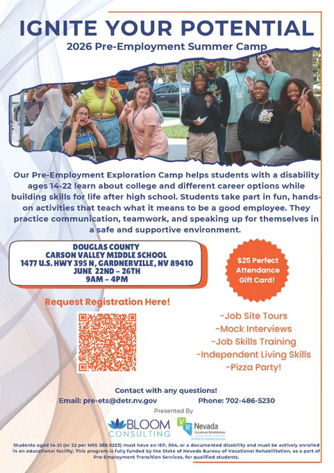 Group of diverse teens smiling outdoors at a summer camp promoting pre-employment skills for students with disabilities.