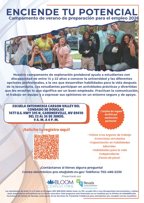 Group of diverse young adults smiling and posing outdoors, promoting a summer job preparation camp for students with disabilities.