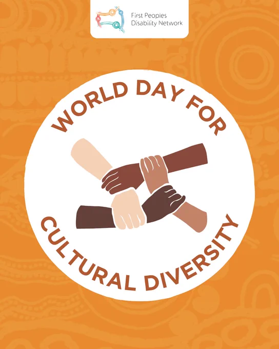 An orange tile with subtle Aboriginal artwork patterns in the background. At the top center, the First Peoples Disability Network logo appears inside a white rounded box. A large white circle in the center contains an illustration of four hands of different skin tones gripping each other's wrists in a square formation. Arched around the top of the circle, orange-brown text reads “WORLD DAY FOR,” and arched around the bottom, it reads “CULTURAL DIVERSITY.”