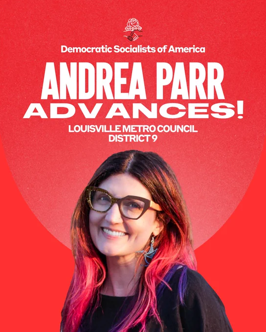 Andrea Parr advances! Louisville Metro Council District 9. Andrea Parr is pictured with her signature hot pink-dipped hair, thick framed glasses, and a big smile!