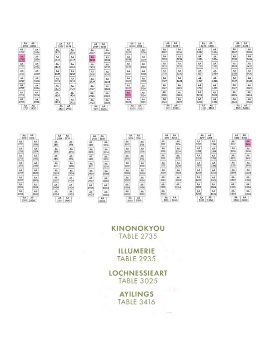 Map of artist alley with artist table numbers highlighted.