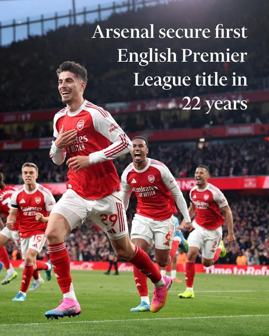 Kai Havertz of Arsenal celebrates scoring a goal during a Premier League match between Arsenal and Burnley at Emirates Stadium. Text on image reads: Arsenal secure first English Premier League title in 22 years (Credit: Julian Finney/Getty Images)