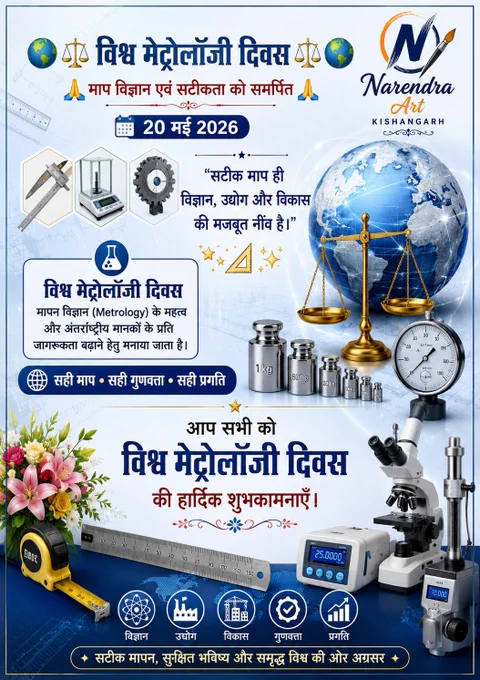 🌍⚖️ विश्व मेट्रोलॉजी दिवस ⚖️🌍
🙏 माप विज्ञान एवं सटीकता को समर्पित 🙏
📅 20 मई 2026
📏🔬⚙️
“सटीक माप ही
विज्ञान, उद्योग और विकास
की मजबूत नींव है।”
🌟📐✨
🧪
विश्व मेट्रोलॉजी दिवस
मापन विज्ञान (Metrology) के महत्व
और अंतरराष्ट्रीय मानकों के प्रति
जागरूकता बढ़ाने हेतु मनाया जाता है।
🌐
सही माप • सही गुणवत्ता • सही प्रगति
💫
आप सभी को
विश्व मेट्रोलॉजी दिवस
की हार्दिक शुभकामनाएँ।
💐📏🌍

#WorldMetrologyDay #Metrology #MeasurementScience #ScienceDay #Innovation #Technology #Quality #Accuracy #विश्व_मेट्रोलॉजी_दिवस #मापन_विज्ञान #विज्ञान #तकनीक #सटीकता #भारत 🇮🇳 #NarendraArtKishangarh