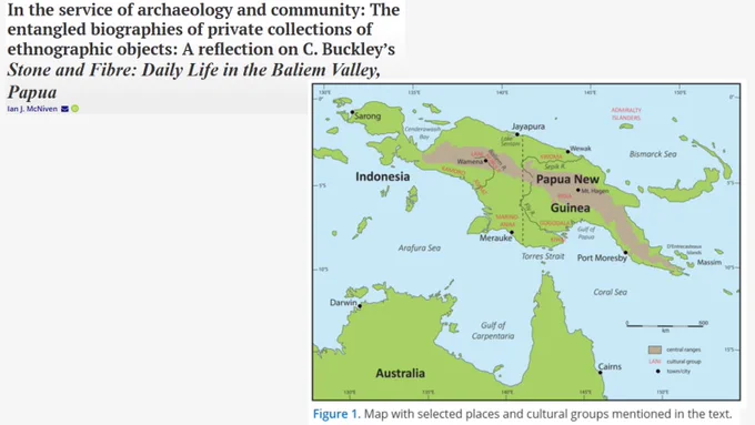 Map of New Guinea highlighting the Baliem Valley region discussed in McNiven’s review of Stone and Fibre, including selected cultural groups and locations across Papua and Papua New Guinea.