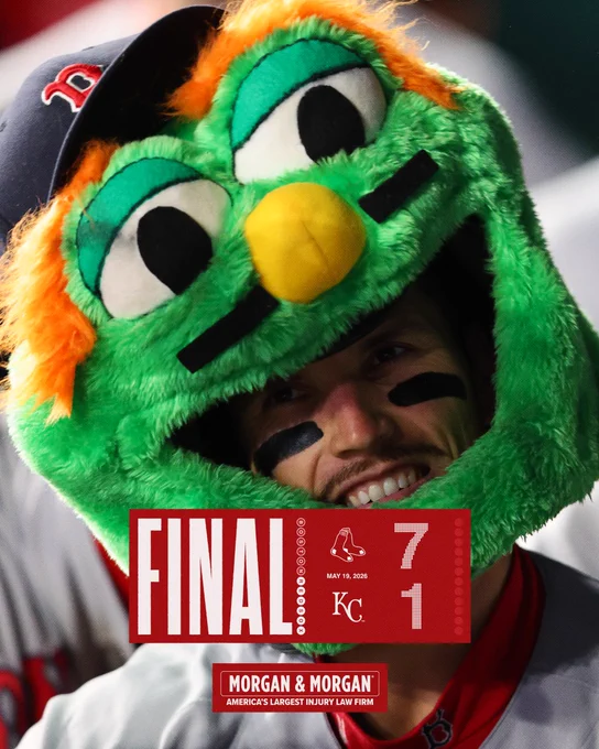 Final score from May 19, 2026
Red Sox 7 Royals 1

IMAGE: Final score graphic featuring a photo of Jarren Duran wearing the Wally Head in the dugout smiling after hitting a home run. 