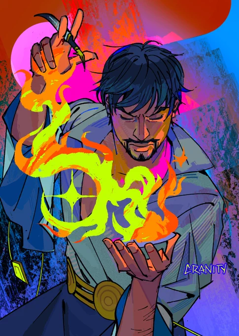 illustration of Olruggio from Witch Hat Atelier. He is without his hat and cloak, holding a circle of paper with a fire spell activated. He holds it in front of him at chest height, his arm extending slightly out towards us. His torso twists back a little as his other arm extends back, elbow bent to bring his other hand forward and have his palm face the paper he holds in his other hand. His wand is being held between 2 fingers on this raised hand. A fire spell trails from the paper to his open palm. Within the shapes of the flame is a single star. He is facing the paper and has his head slightly tilted down, eye's closed and brows furrowed in concentration. 