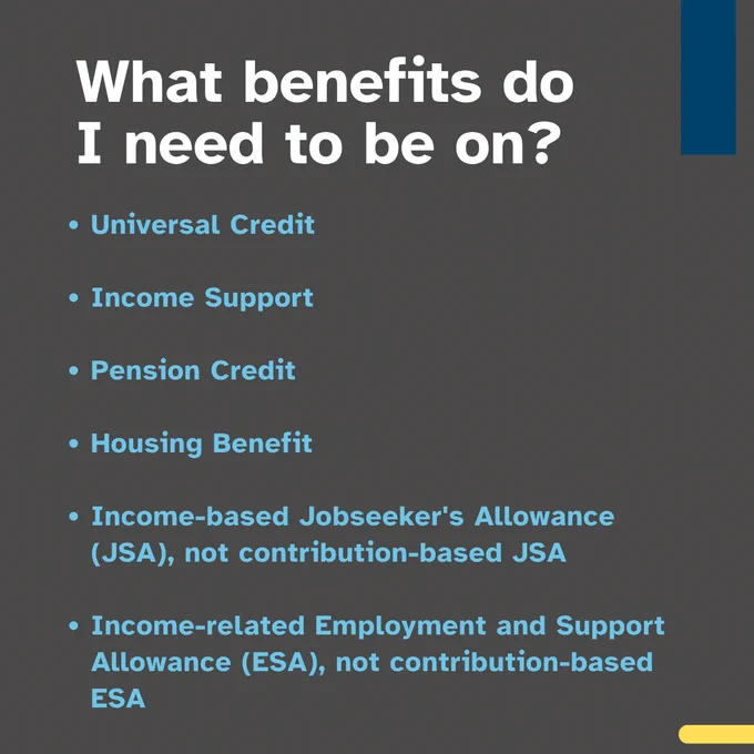Text that says "What benefits do I need to be on? Universal Credit or Income Support or Pension Credit or Housing Benefit or Income-based Jobseeker's Allowance (JSA), not contribution-based JSA or Income-related -related Employment and Support Allowance (ESA), not contribution-based ESA"