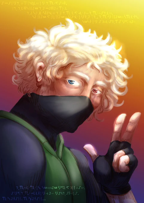 A digital painting of Etho. He is doing a peace-sign, looking at the viewer. His eyes are crinkled like he's smiling, his mouth hidden by his cowl. He has fluffy white curly white hair. He is wearing his green vest and blue-black undershirt. He has fingerless gloves. There is a trail of white stubble leading under his mask. There is Galactic standard text above and below him. The background is coloured like a sunset.