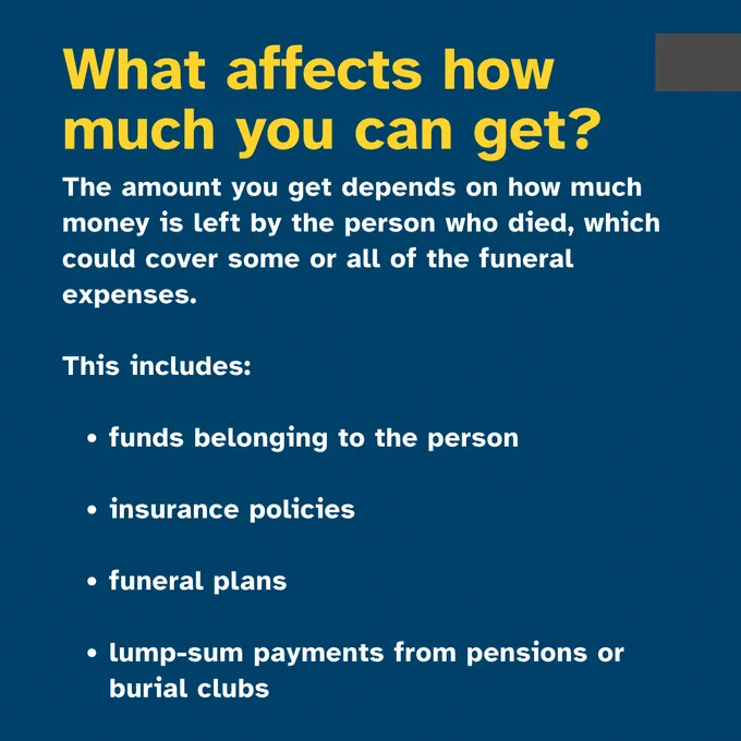 Text that says "What affects how much you can get? The amount you get depends on how much money is left by the person who died, which could cover some or all of the funeral expenses. This includes: funds belonging to the person, insurance policies, funeral plans and lump-sum payments from pensions or burial clubs"