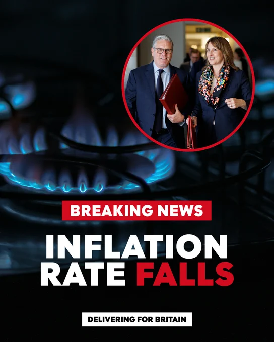 Graphic features image of the Prime Minister and Chancellor Rachel Reeves, with the text Breaking News: Inflation rate falls - delivering for Britain.