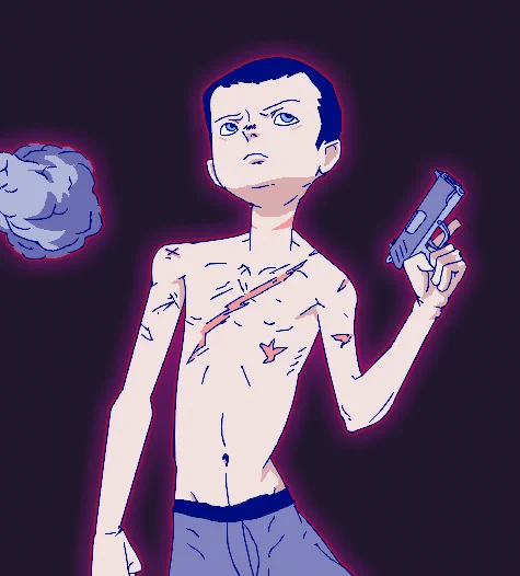 Anime illustration of guy with gun in an Inuyasha-style purple glow.