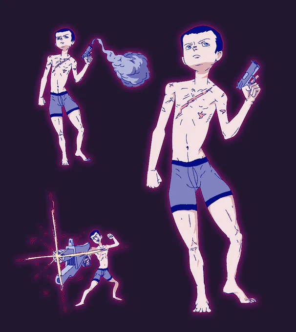 Anime illustration of guy with gun in an Inuyasha-style purple glow.
