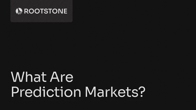 Rootstone branded graphic with the title "What Are Prediction Markets?" displayed on a dark background with abstract geometric lines.