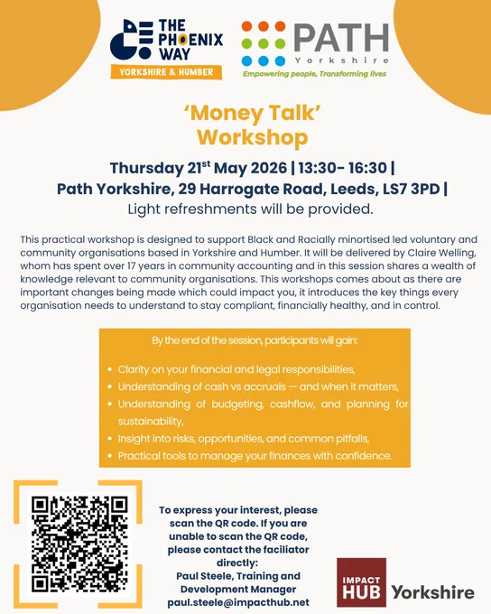 Workshop flyer for 'Money Talk' on May 21, 2026, at Path Yorkshire, Leeds, supporting Black and Racially minoritised community organisations.