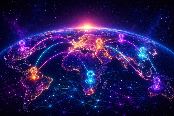 Futuristic digital illustration of a glowing interconnected world map with vibrant neon location markers and network lines, symbolizing targeted visibility, global reach, and meaningful exposure opportunities for Kinny List, a Solana-powered Web3 marketplace focused on helping real businesses grow through decentralized technology.
