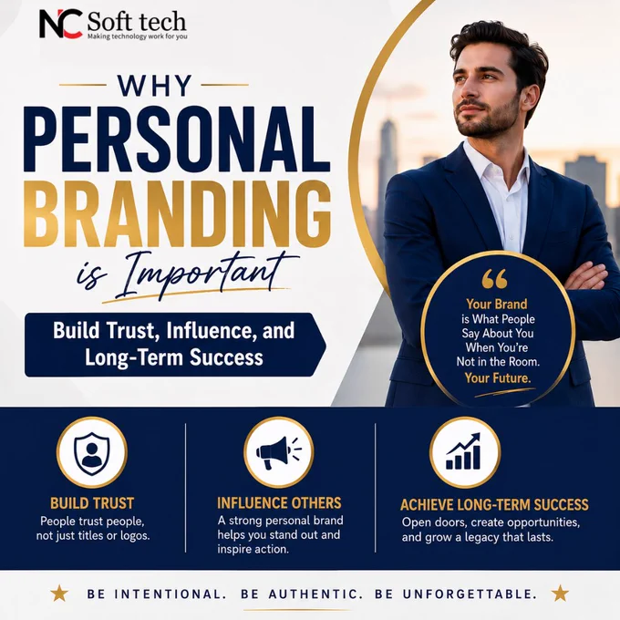 Build Your Name Before the Market Decides It For You

In a world flooded with content, products, and competition — people don’t just buy services anymore.
They buy trust. They buy credibility. They buy you.

Why Personal Branding Matters
Trust Creates Opportunities

A strong personal brand makes people feel like they already know you before the first conversation.

When your voice, expertise, and values are visible consistently:

Clients trust faster
Employers notice sooner
Collaborations come easier
Sales happen naturally

People do business with people they remember.

#NCSofttech #PersonalBrandingAgency #PersonalBrandingInIndia #BrandPromotion #LeadGeneration #SocialMediaMarketingAgency #OnlineAdvertising #PersonalBrand
To know more:

📞 Call:  91-6370182504
📧 Email: info@ncsofttech.co.in
🌐 Website: https://www.ncsofttech.co.in/personal-branding