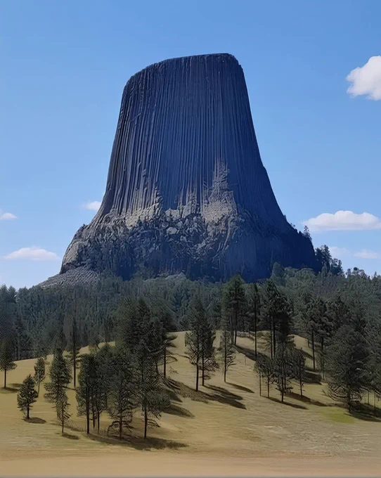 The Mountain That Looks Like a Giant Tree Stump… But No One Knows Exactly How It Formed 🌍

Rising suddenly from the plains of Wyoming, Devils Tower looks almost unreal — as if something enormous once stood there and vanished long ago. From miles away, the massive rock tower dominates the landscape, standing 1,267 feet above the Belle Fourche River and towering high above the surrounding land like a forgotten monument from another world.

What makes it even stranger is its appearance. The sides of the tower are covered with long vertical cracks, making it look uncannily like the stump of a gigantic ancient tree. For generations, people have wondered: is this simply a rare geological formation… or could there be more to the story?

Scientists believe the tower was formed millions of years ago from molten rock that cooled beneath the Earth’s surface. Over time, the softer rock around it slowly eroded away, revealing the towering structure we see today. 