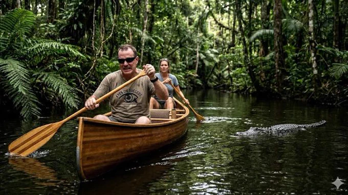 AI generated image of a man and a woman paddling a wood canoe in a river.  There is a large alligator approaching the canoe.  The man is wearing dark glasses and a tee shirt that reads 'Eyes On Success'.  Thanks to Gemini for the image.