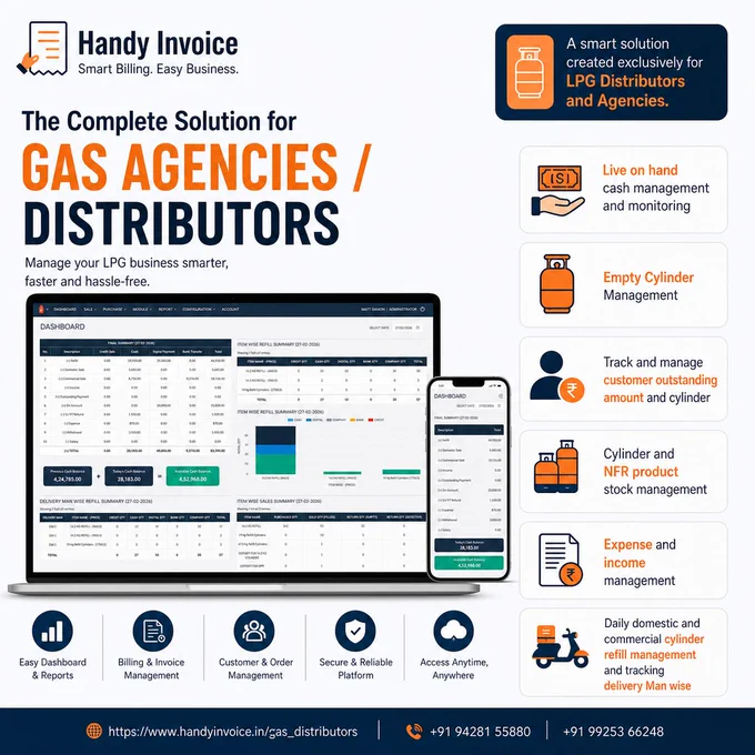 A complete digital solution for LPG Distributors & Gas Agencies.
Manage your LPG business smarter, faster, and completely hassle-free with powerful billing, stock management, cash handling, e-Invoicing, reports, and much more — all in one place.

#LPGDistributor #GasAgency #lpg 