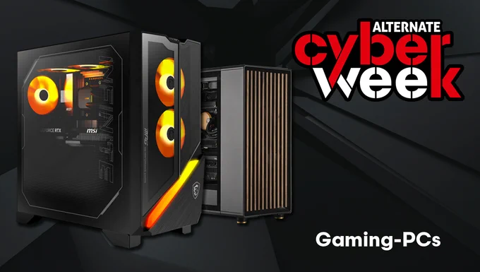 Werbegrafik zur „Alternate Cyber Week“ mit mehreren Gaming-PC-Gehäusen vor dunklem Hintergrund. Im Vordergrund steht ein schwarzer Gaming-PC mit orange beleuchteten Lüftern und RGB-Lichtelementen, daneben weitere PC-Gehäuse in unterschiedlichen Designs. Unten steht der Schriftzug „Gaming-PCs“.