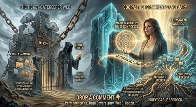 A dramatic split illustration. Left side titled "THE TICKET-GATEKEEPER WEB": a hooded figure holds a ticket at a locked iron gate. Crumbling corporate servers wrapped in chains loom above. Labels read "NO KEY.", "GIVEN A TICKET.", "MISS A PAYMENT.", "PATH Corporately Gated.", "Tenancy Expires, Terms Changed, Access Revoked." Right side titled "COOPA: THE PERMANENT SANCTUARY": a woman holds a glowing sovereign orb before a luminous crystal monolith. Labels read "MATHEMATICALLY SOVEREIGN ACCESS.", "PERMANENT ACCESS.", "SOVEREIGN DEED: RESOLUTIONED.", "NO permission key. NO renewal required. NO gating.", "ENDOWMENT ANCHOR", "ADDRESSABLE FOREVER", "IRREVOCABLE BEDROCK." A digital tree with deep roots anchors the permanent network. Bottom text: "DROP A COMMENT. PermanentWeb. Data Sovereignty. Web3. Coopa." Coopa's permanent gateway: no gatekeeper, no ticket, no expiry.