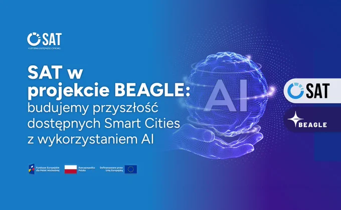 SAT w projekcie BEAGLE buduje przyszłość dostępnych Smart Cities z wykorzystaniem AI. Obok tekstu widoczna jest cyfrowa wizualizacja dłoni podtrzymującej kulę z napisem „AI”.