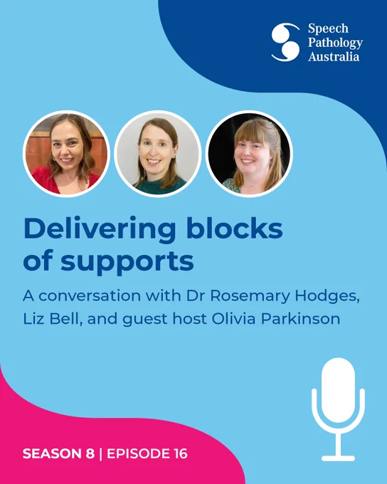 This is a promotional banner for the Speech Pathology Australia Speak Out podcast Season 8 Episode 16. The title is 'Delivering blocks of supports'. 'A conversation with Dr Rosemary Hodges, Liz Bell, and guest host Olivia Parkinson'. Above are 3 headshots of the women smiling at the camera. 