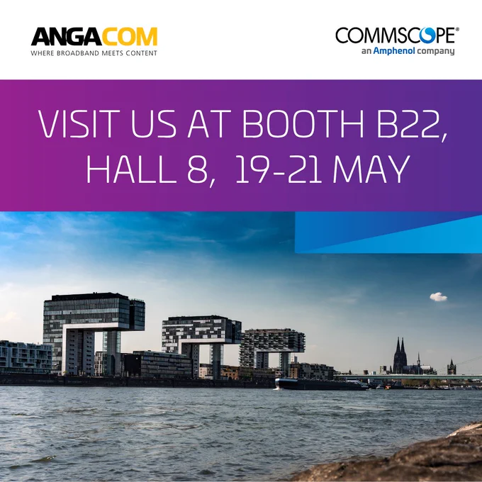 Modern riverside buildings with a clear sky, promoting CommScope's presence at ANGA COM booth B22, Hall 8, from May 19-21.