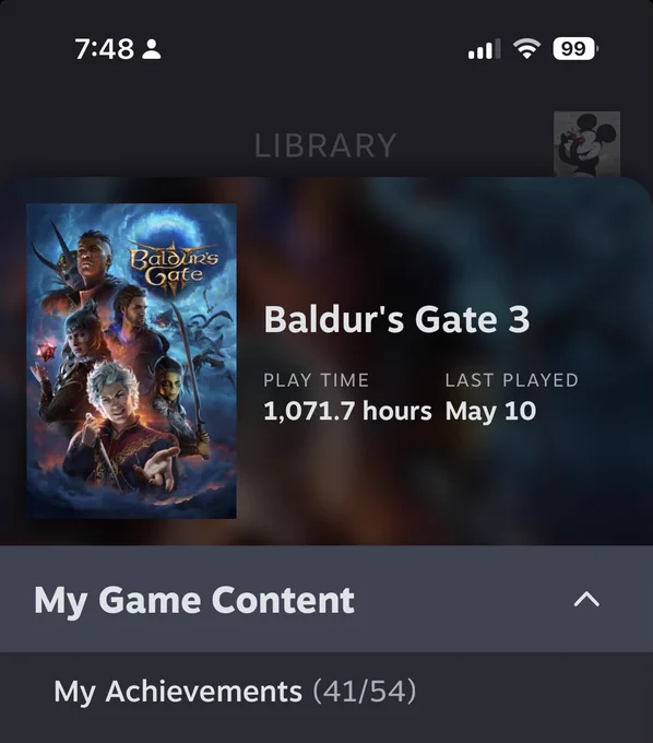Imagen de mis datos jugando a Baldur’s Gate 3 en Steam: 1071 horas y 41/54 logros