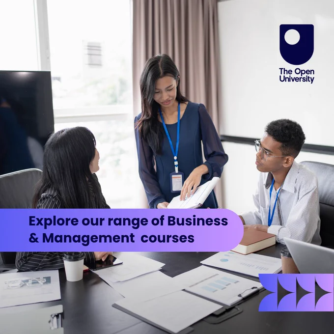 Carousel of 4 images detailing some of the OU's Business & Management degrees