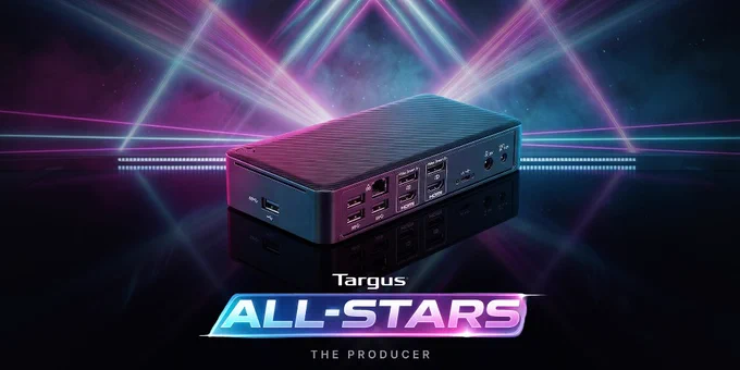 Targus All-Stars The Producer docking station with multiple USB ports and audio jack on a reflective surface.