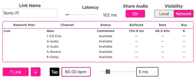 An example of a working design of Sonic Pi's Link config panel. It shows the ability to change link name, the audio stream latency, to enable, disable it, change its network visibility and it gives you a list of visible peers. All on top of the existing Link buttons in Sonic Pi. 