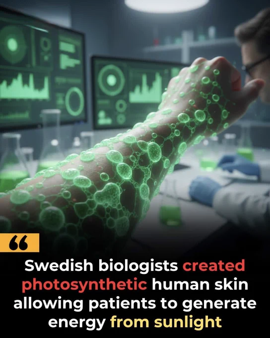 🚨 HUMANS CAN NOW GENERATE ENERGY FROM SUNLIGHT?

Swedish researchers are reportedly developing photosynthetic human skin that can create tiny amounts of glucose using sunlight, similar to how plants make energy. Scientists say engineered skin cells with chloroplast-like structures could help people with fatigue disorders, astronauts, and survival missions in extreme environments. 

The technology would not replace food, but it could give the body a small continuous energy boost directly from daylight itself.

If this becomes real, humanity may be entering an era where biology is no longer fixed… but redesigned. 

Source 
Karolinska Institute. (2026). Research on engineered photosynthetic epidermal cells and metabolic energy support systems.