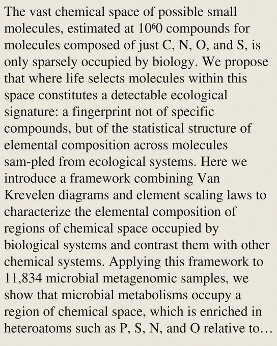 The vast chemical space of possible small molecules, estimated at 10⁶0 compounds for molecules composed of just C, N, O, and S, is only sparsely occupied by biology. We propose that where life selects molecules within this space constitutes a detectable ecological signature: a fingerprint not of specific compounds, but of the statistical structure of elemental composition across molecules sam-pled from ecological systems. Here we introduce a framework combining Van Krevelen diagrams and element scaling laws to characterize the elemental composition of regions of chemical space occupied by biological systems and contrast them with other chemical systems. Applying this framework to 11,834 microbial metagenomic samples, we show that microbial metabolisms occupy a region of chemical space, which is enriched in heteroatoms such as P, S, N, and O relative to C, shifted toward higher O:C and H:C ratios. We observe sublinear element scaling with system size, yielding insights into how elementa