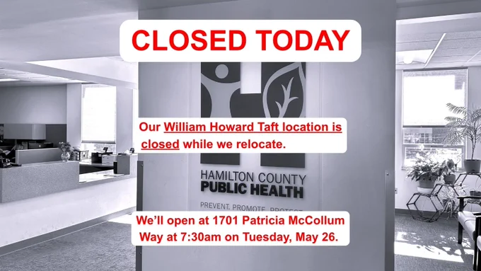 A black and white exterior view of our William Howard Taft location with overlaid text announcing the closure dates while we relocate.