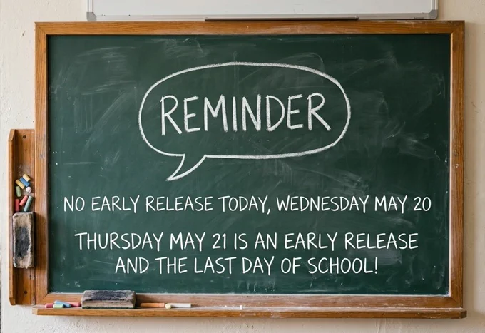 A photograph of a dark green school chalkboard with a wooden frame, hanging on a classroom wall. In the center, a white chalk-drawn speech bubble has the word "REMINDER" written inside in capital letters. Below the bubble, in clean white chalk lettering, it says: "NO EARLY RELEASE TODAY, WEDNESDAY MAY 20. THURSDAY MAY 21  IS AN EARLY RELEASE AND THE LAST DAY OF SCHOOL!"". 