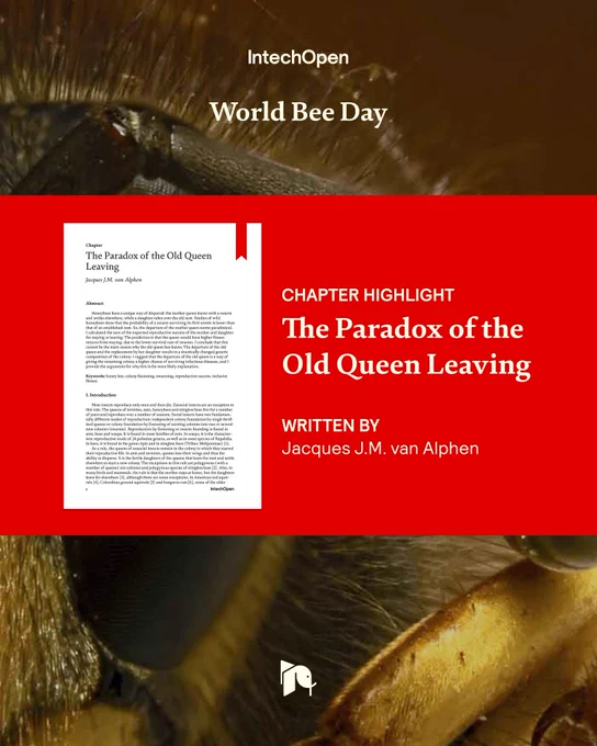 Close-up photograph of a honeybee on a flower alongside a thumbnail preview of the open access research chapter highlighted for World Bee Day. The post discusses research exploring why the old queen bee leaves the colony and how this behaviour may help honeybee colonies improve resilience against infectious diseases through changes in genetic composition.
