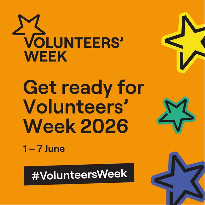 Get ready for volunteers week 2026. 1st to 7th June. #VolunteersWeek on a bright orange background with stars