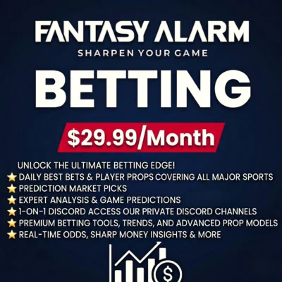 Promotional graphic for Fantasy Alarm Betting. The top features the "Fantasy Alarm" logo with the tagline "Sharpen Your Game" above the word "BETTING" in large white text. A central red banner displays the price "$29.99/Month". Below, a bulleted list with gold stars details the features: Daily best bets & player props covering all major sports, prediction market picks, expert analysis & game predictions, 1-on-1 Discord access to private channels, premium betting tools, trends, and advanced prop models, and real-time odds with sharp money insights. A white line graph with a dollar sign icon sits at the very bottom.