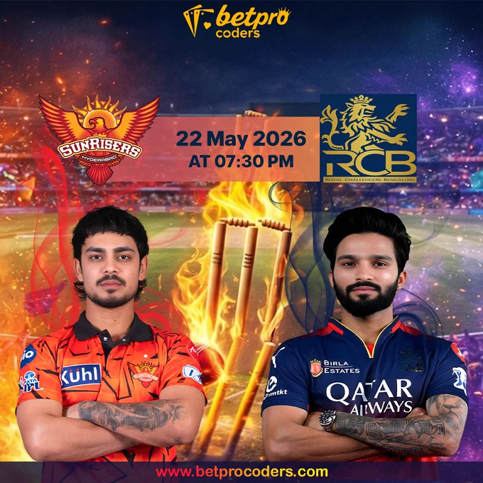 IPL 2026 SRH vs RCB promotional cricket graphic with dramatic stadium background, flaming stumps, match timing at 7:30 PM, and BetProCoders logo.